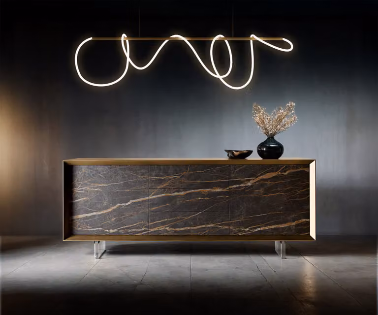 DELIFE Dressoir Yori met keramiek Laminam Noir Desir, goud en bruin, 2 deuren en 3 lades, Breedte: 200 cm