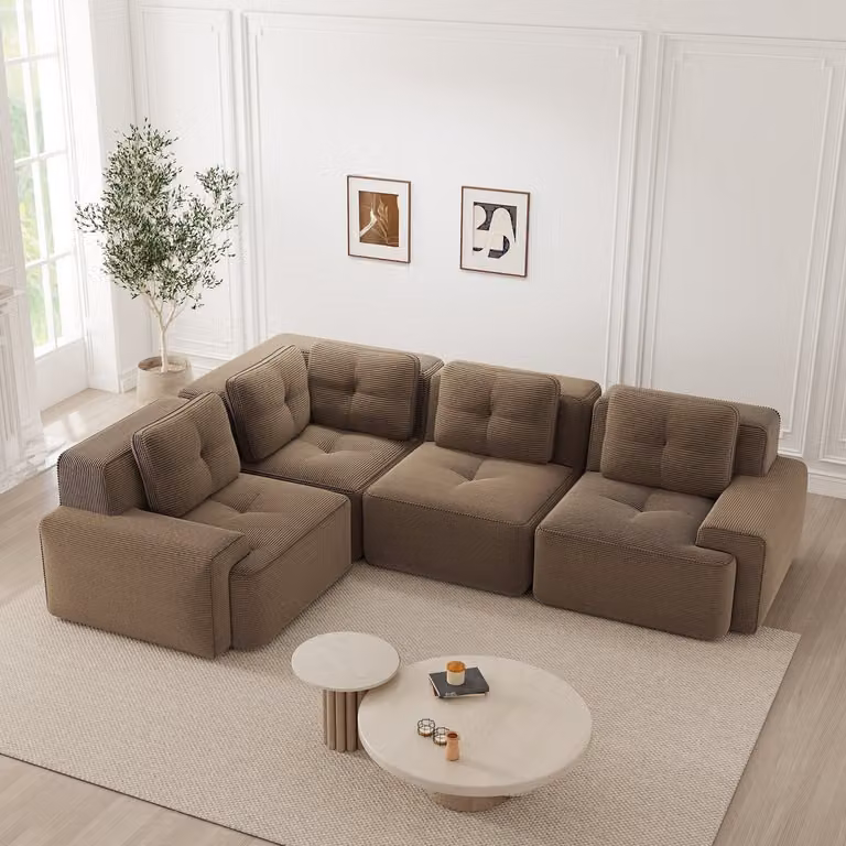 MODFU Modulaire Hoekbank met Slaapfunctie en Diepe Zitting - Modern - Bruin Ribstof