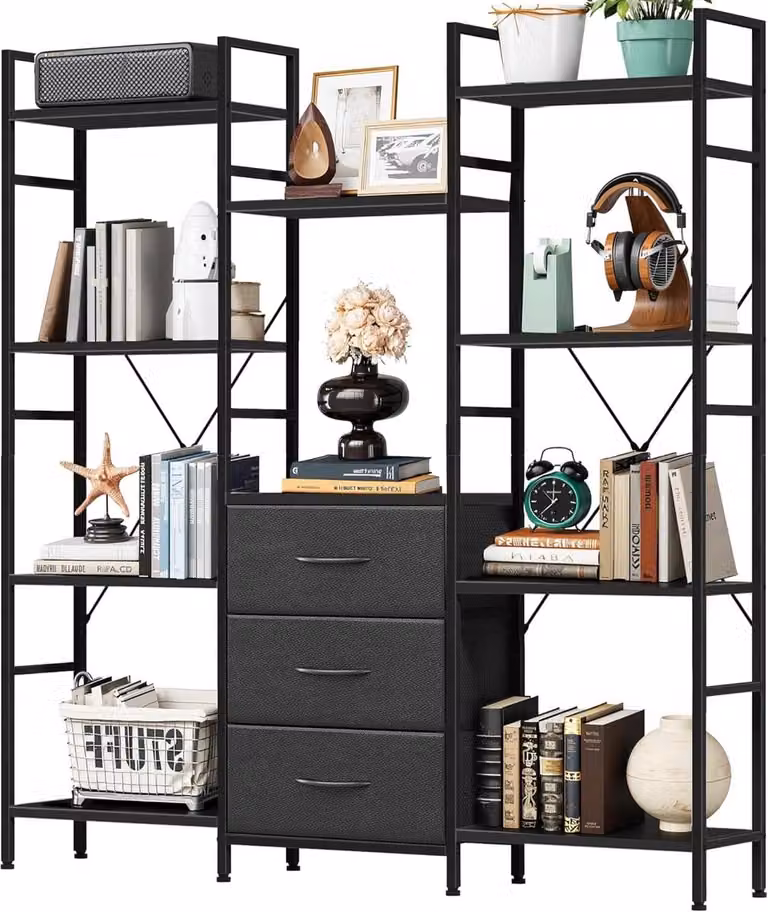 Boekenkast met 4 stoffen lades en achterpaneel, staand opbergrek voor woonkamer en kantoor, H: 142 cm, B: 10 cm
