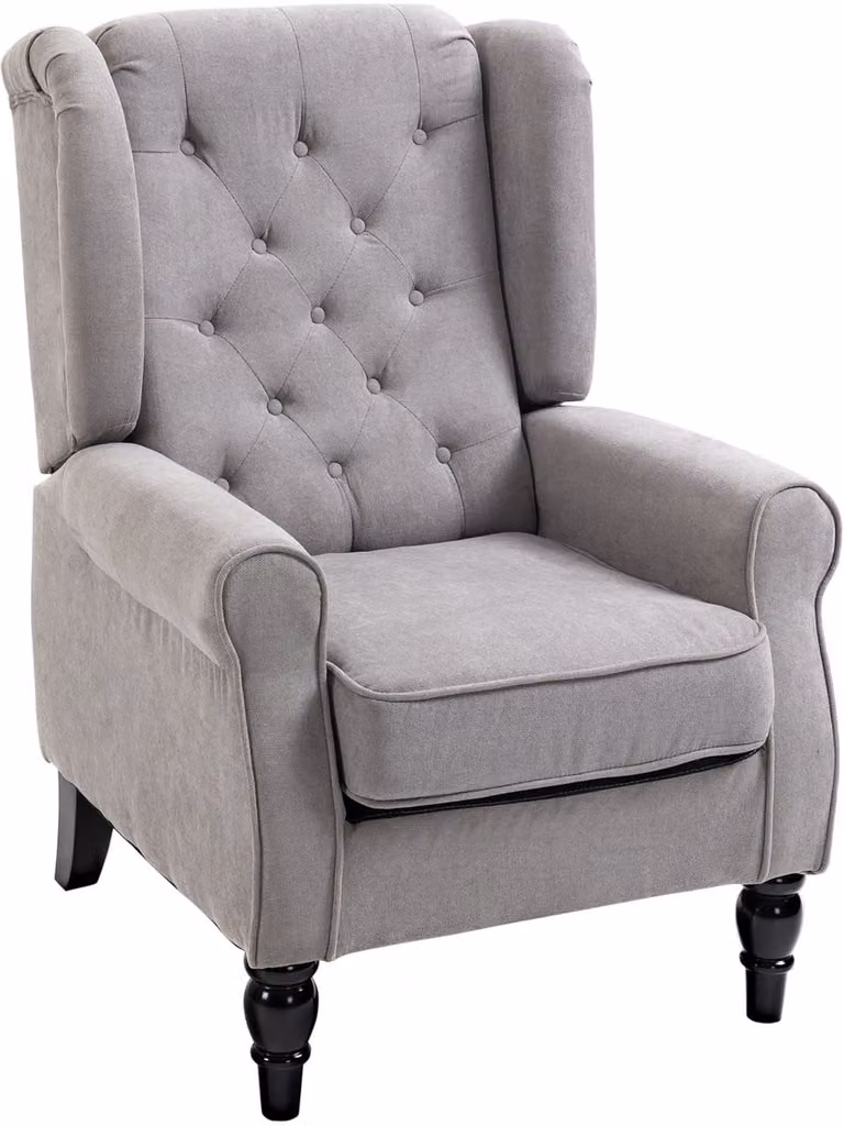 Grijs gecapitonneerde fauteuil met hoge rugleuning, armleuningen en houten poten voor in de woonkamer of slaapkamer