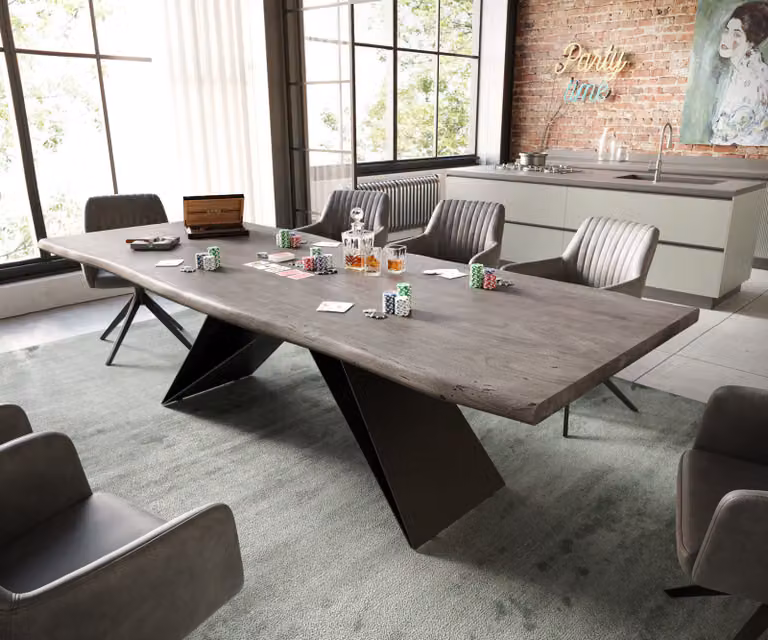 DELIFE Eettafel Edge Live-Edge Acacia Platina met Zwart V-frame Staal B/D/H: 260 x 100 cm