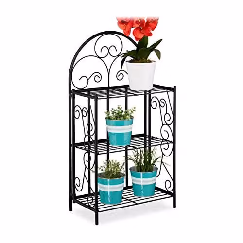 Relaxdays inklapbaar metalen plantenrek met 3 etages, zwart, H 83 x B 44,5 x D 25 cm