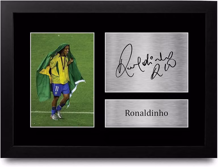 A4 Foto Display met Gesigneerde Voetballegende Brazilië van Acryl