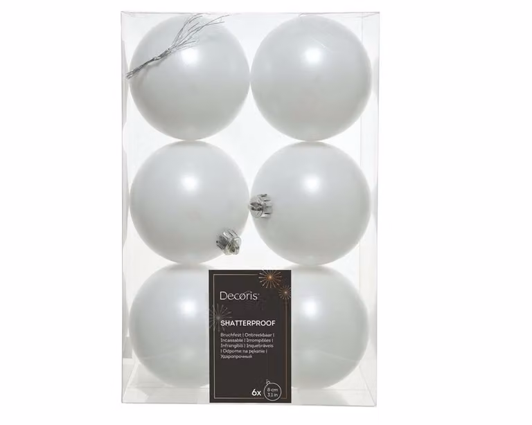 Decoris Set van 6 onbreekbare kerstballen in winterwit, diameter 8 cm