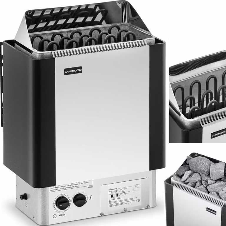 Uniprodo Elektrische sauna-oven met geïntegreerde bediening, 8 kW, geschikt voor 8-12 m³, tot 110°C, 400V, zilver-zwart