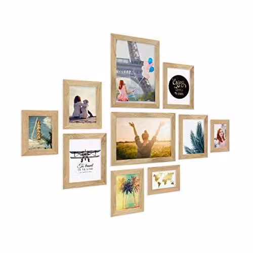 Set van 10 fotolijsten collage Basic Collection modern eiken massief hout met acrylglasruit voor formaten 10x15 tot 21x30 cm