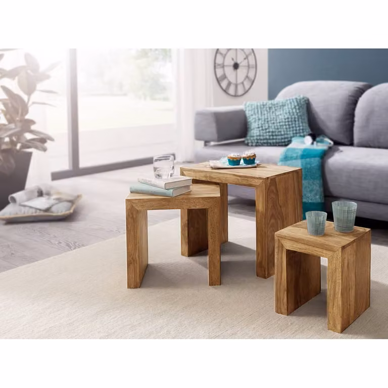 Wohnling Set van 3 salontafels van massief acaciahout, bruin, landelijke stijl