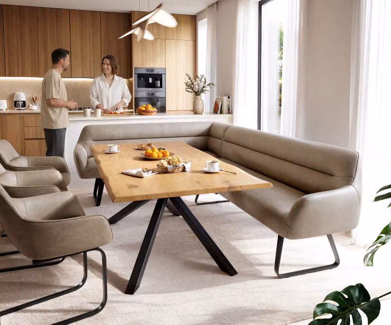 DELIFE Eetkamerbank Taya-Flex L-vormige bank in beige microvezel met zwart metalen onderstel, B: 282 cm, D: 190 cm, H: 105,6 cm