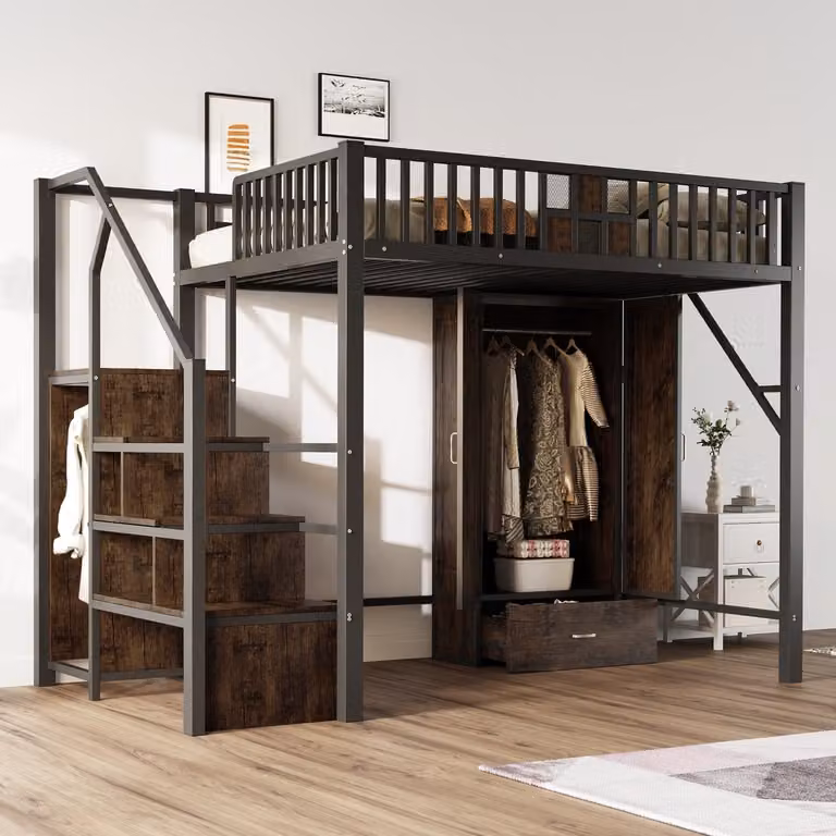 Wishdor Industriële Hoogslaper voor kinderen en tieners - Metalen enkel bed met kledingkast, opbergladder en lattenbodem - Zwart - B/D: 140 x 200 cm