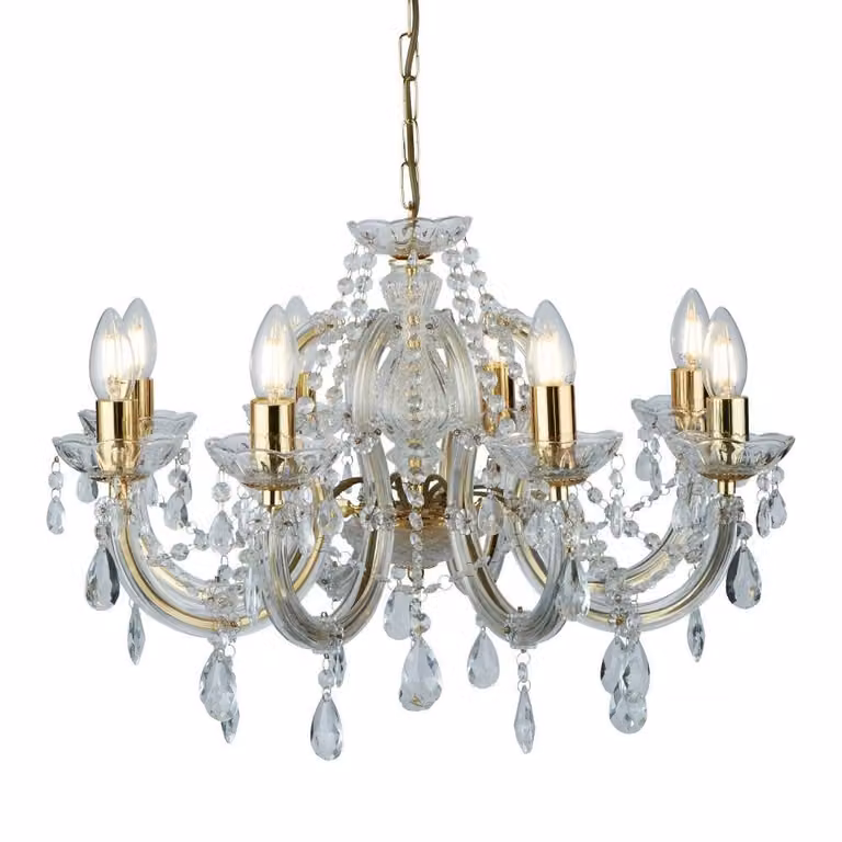 Searchlight Marie Therese kristallen kroonluchter met gepolijste messing afwerking, Diameter: 61 cm