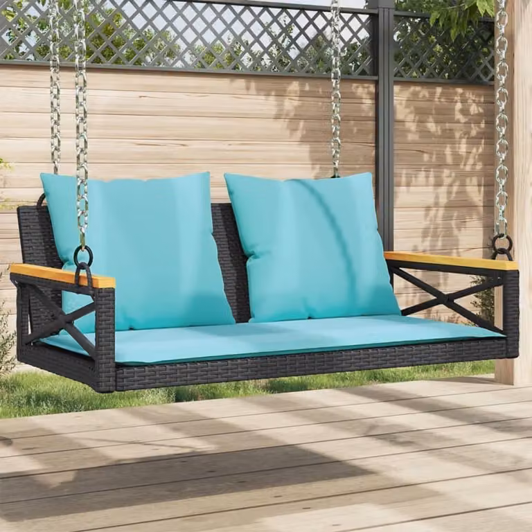 Zwarte polyrotan hangbank voor in de tuin met dik gevoerde kussens, B/D/H: 109 x 62 x 40 cm