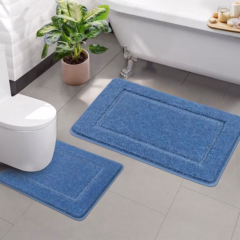 SnelShoppen Blauwe Microvezel Badmat Set 2-delig, Antislip Badtapijt en U-vormige Toiletmat, Absorberend en Wasbaar, Breedte: 53 cm, Lengte: 86 cm en Breedte: 50 cm