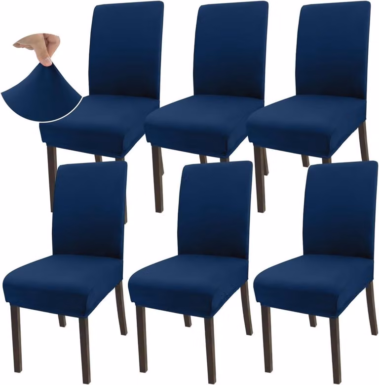 Set van 6 universele rekbare microvezel eetkamerstoelhoezen - Marineblauw