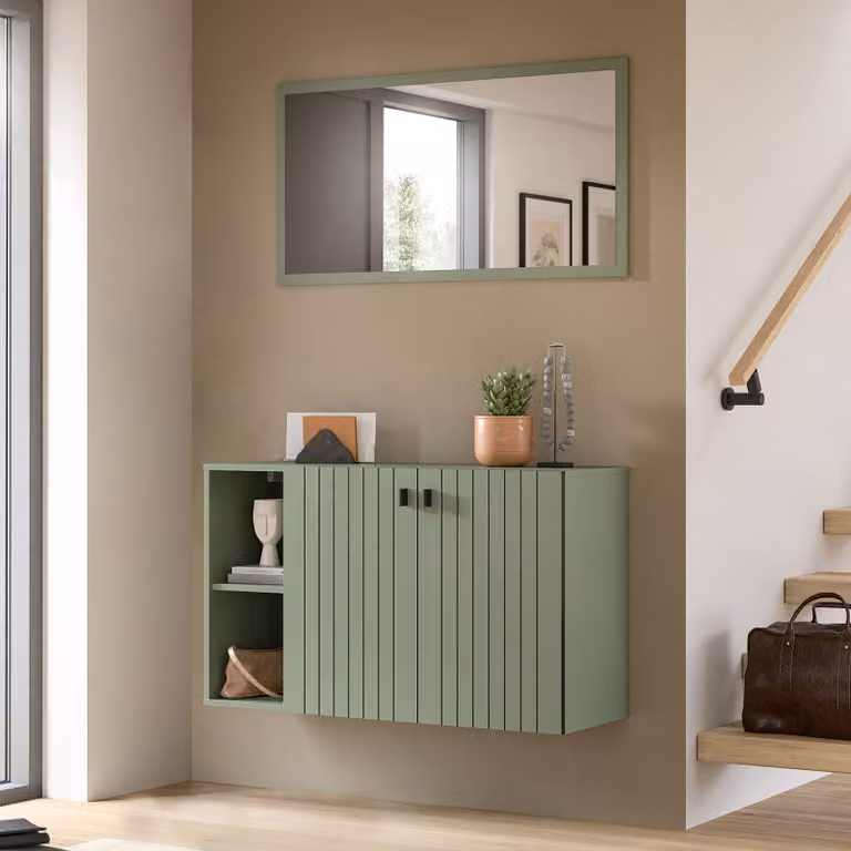 home24 Halmeubelset Station 2-delig combi met spiegel en schoenenkast, Groen/Zwart, B: 106 cm, H: 192 cm, D: 37 cm