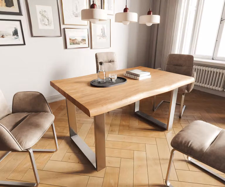 DELIFE Eettafel Edge Live-Edge Acacia Hout en Roestvrijstaal, Bruin/Zilver, B: 140 cm, D: 90 cm, H: 75,5 cm