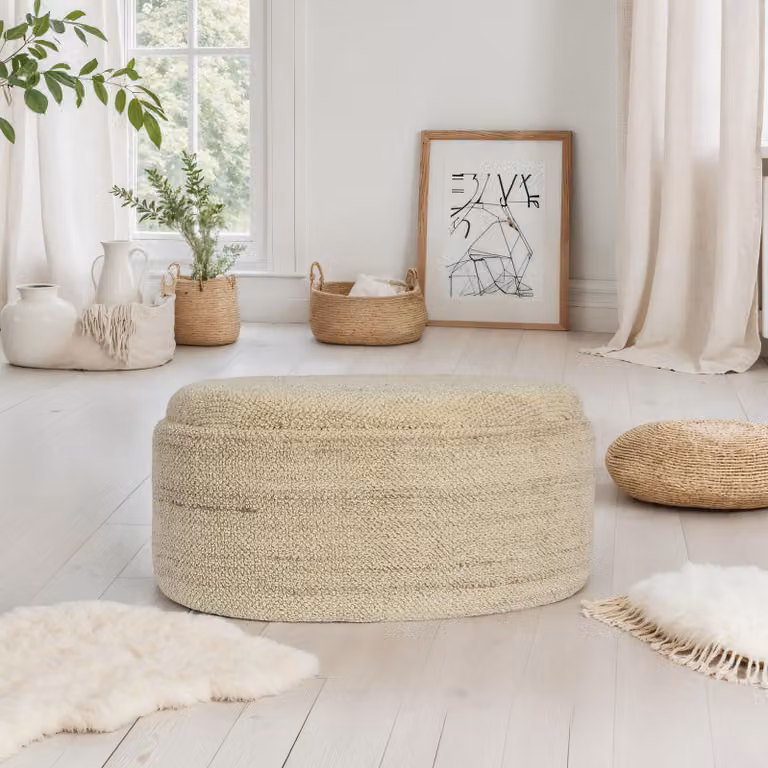 home24 Gestoffeerde hocker beige wol B: 62 cm, D: 40 cm, H: 81 cm