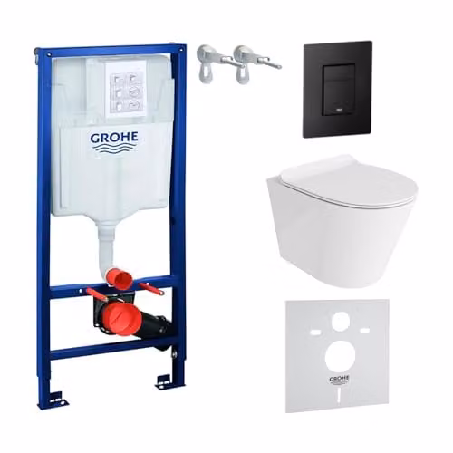 LAVITA Solido Voorwandelement met wandophanging en inbouwspoelbak, wit toilet zonder spoelrand met SoftClose wc-bril en zwarte knop