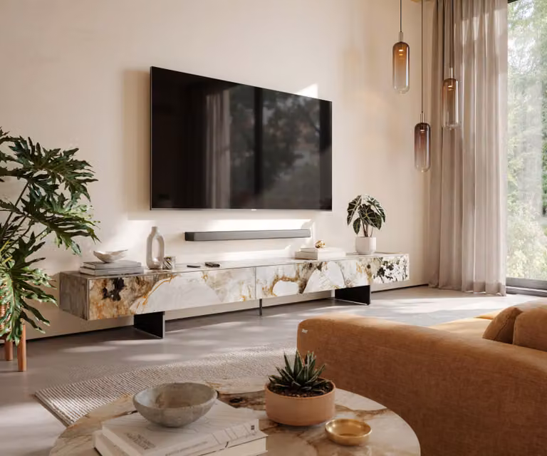 Tv-meubel Cuor 250 cm Keramiek Patagonia gepolijst met 1 flap en 1 lade, Zwevende voet look Metaal Zwart
