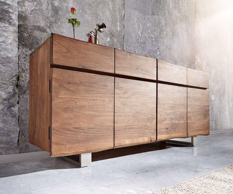 DELIFE Dressoir Live-Edge van acacia hout in bruin met 4 deuren en 4 laden