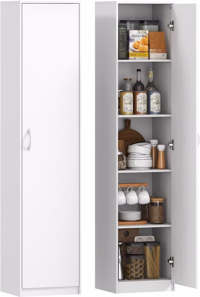 Witte keukenkast met houten look, 2 deuren en 5 verstelbare planken voor de keuken of woonkamer, Hoogte: 180 cm
