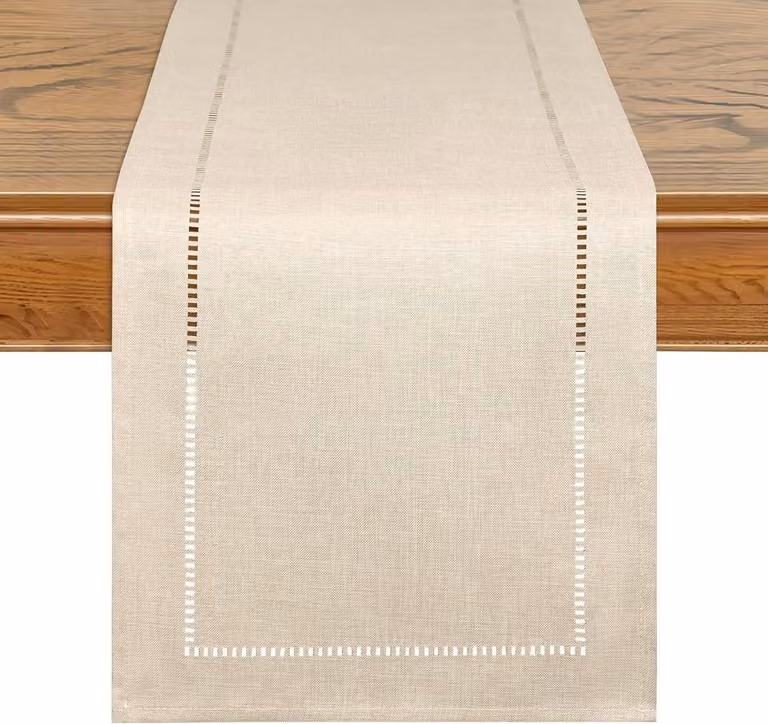 Beige linnen tafelloper van 274 cm voor boerderijstijl en moderne eetkamertafels