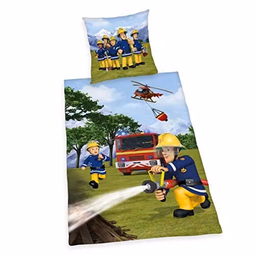 Herding Brandweerman Sam beddengoedset voor kinderen, omkeerbaar motief, multicolor, katoen/renforcé, dekbedovertrek 135 x 200 cm en kussensloop 80 x 80 cm