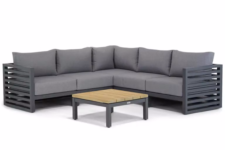 Santika Furniture Riviera 6-delige moderne hoek loungeset met aluminium frame en grijze kussens