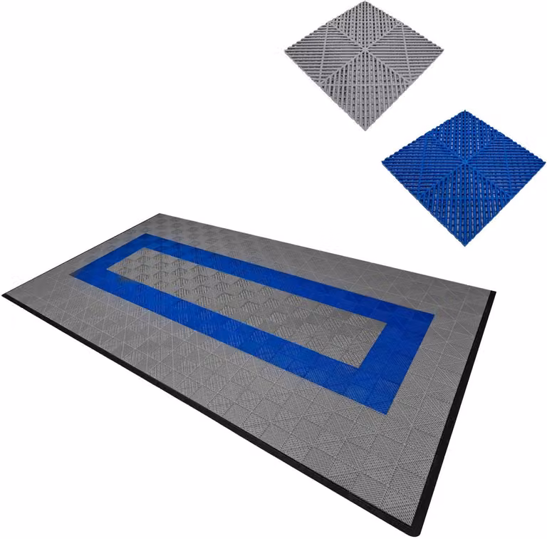 Modulaire geventileerde kliktegels grijs en blauw, 3,2 x 6 m, polypropyleen, antislip en weerbestendig voor garage en werkplaatsen