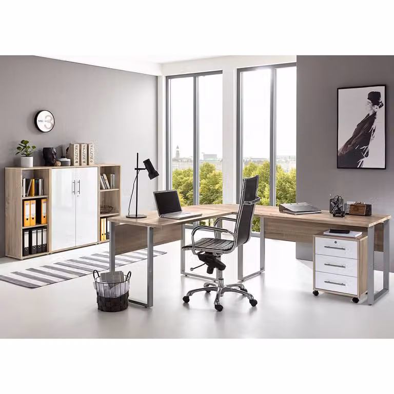 home24 Bureauset 5-delig, Bruin Sonoma Eiken en Hoogglans Wit