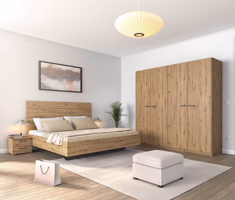 home24 Slaapkamerset met bed in bruin Artisan eikenhouten look, Breedte: 180 cm, Lengte: 226 cm