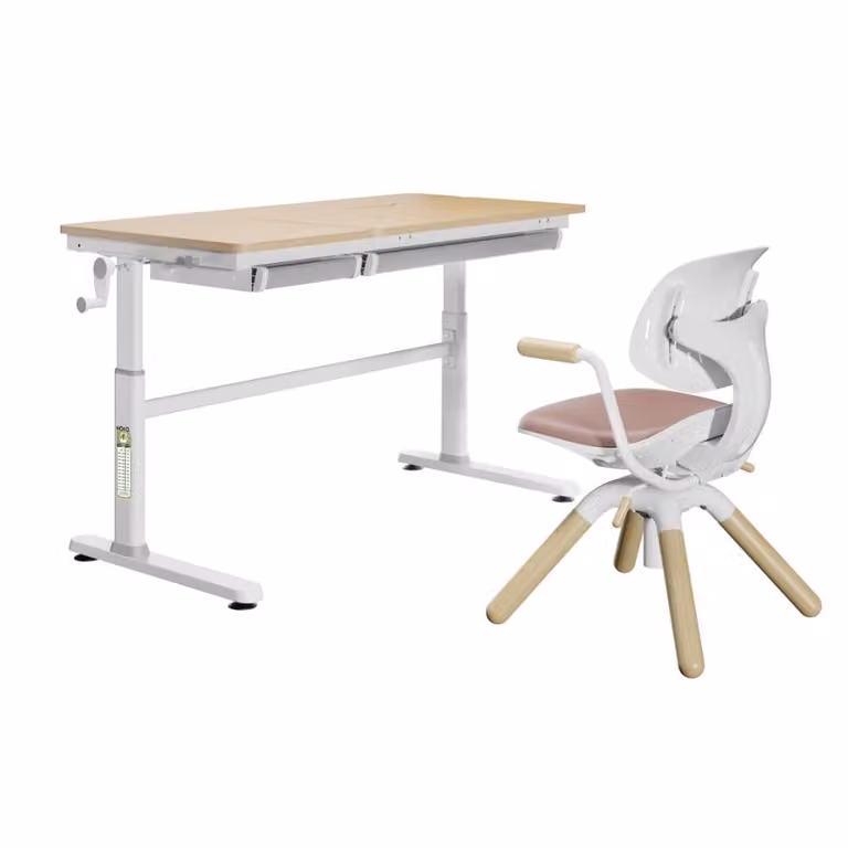 PonteSino Kinderbureau-set met verstelbare kinderstoel, houtlook/roze, B/D: 120 x 60 cm, met kantelbaar tafelblad en in hoogte verstelbaar