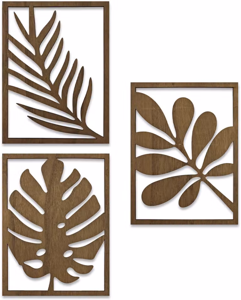 Set van 3 tropische houten muurkunst decoraties met 3D-blad sculptuur, donkerbruin, 30 x 22 cm