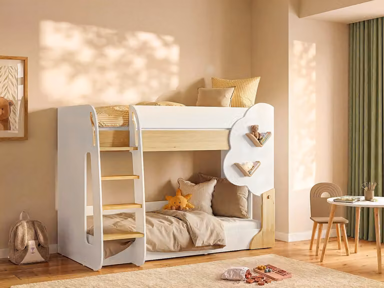 PILATI Stapelbed met matras voor kinderen, Wit en Houteffect, B/D/H: 90 x 190 x 137,4 cm