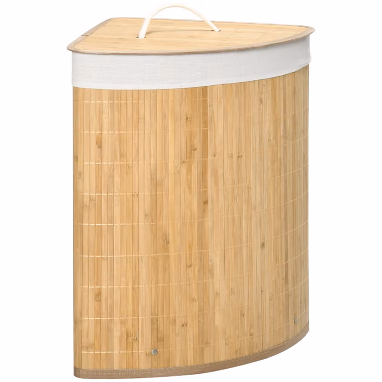 HOMCOM Hoek Wasmand Driehoekig Bamboe met Uitneembare Binnenzak en Deksel, Natuur, B/D/H: 38 x 38 x 57 cm