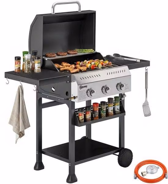 Outsunny Gasgrill met 3 branders en 9 kW vermogen, zwart, roestvrij staal, inclusief inklapbare tafel, kruidenhouder, onderplaat en 6 haken