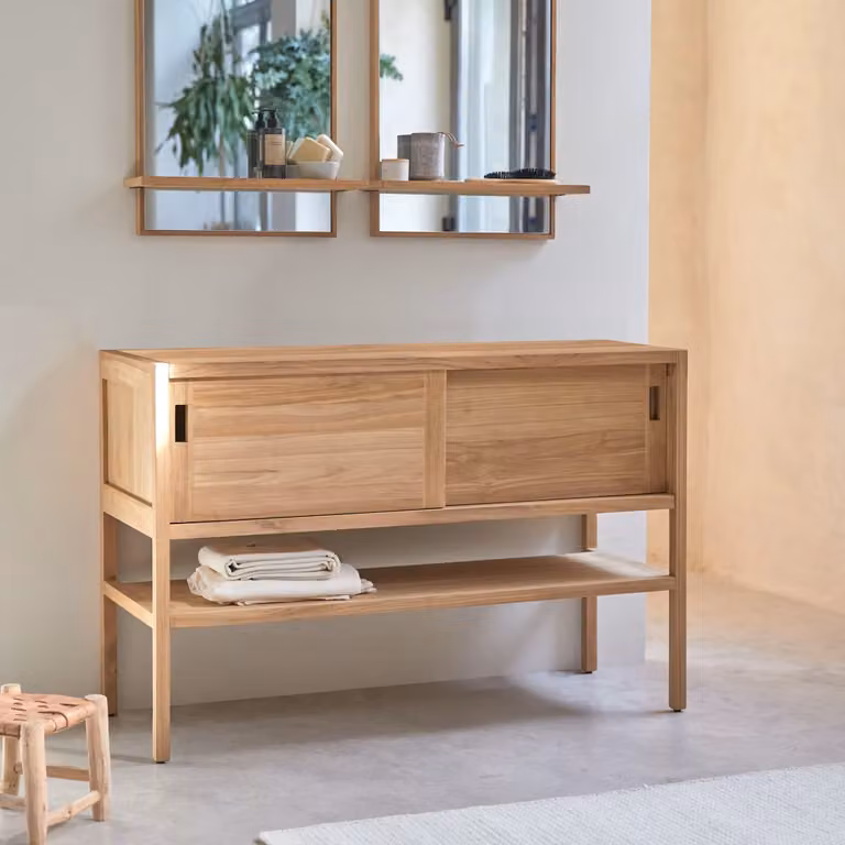 Tikamoon Arty Opbergmeubel in massief teak met schuifdeuren - Bruin - B: 120 cm, D: 47 cm, H: 80 cm