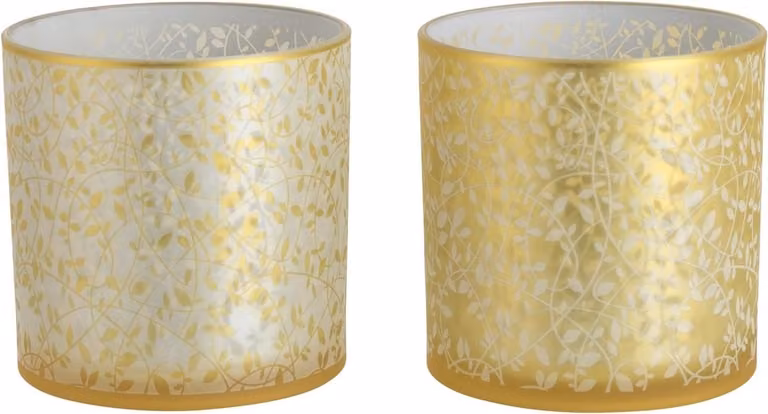 Set van twee glazen windlichten met bladeren voor tealights, B/D/H: 15 x 15 x 15 cm