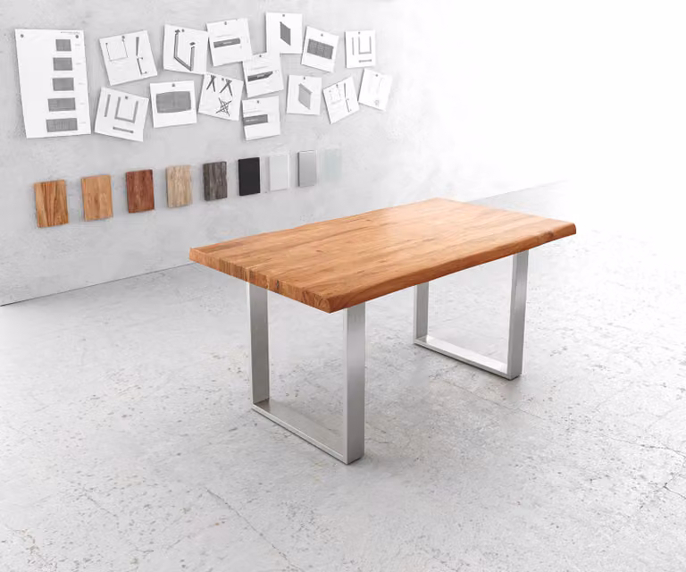 DELIFE Eettafel Edge Live-Edge Acacia Hout en Metaal, Bruin/Zilver, B: 160 cm, D: 90 cm, H: 76,5 cm