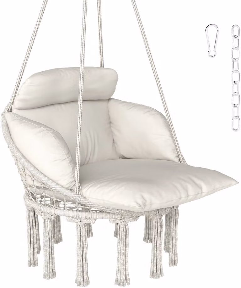 Delightness Hangstoel - Gevlochten Bohemian Schommelstoel met kussens - Beige - B/D/H: 80 x 60 x 110 cm