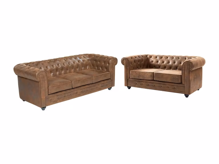 Bankstel CHESTERFIELD met vintage look in bruin microvezel met imitatie leder look