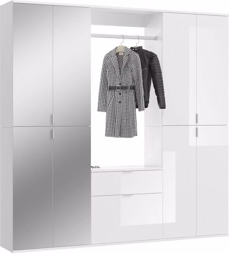 Kledingkast combinatie met spiegel en dressoir, wit hoogglans, B: 183 cm, H: 193 cm, D: 34 cm