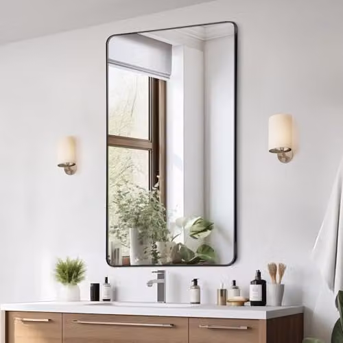 VEVOR Wandspiegel met Z-vormige beugel, Rechthoekige Make-upspiegel voor Badkamer en Woonkamer, Zwart, B: 91,5 cm, H: 61,0 cm, D: 2,5 cm
