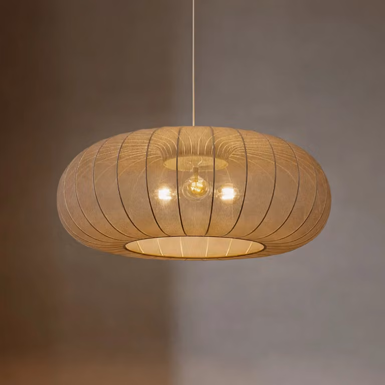 Lindby Helin hanglamp, bruin, Ø 70 cm, textiel, 3 x E27