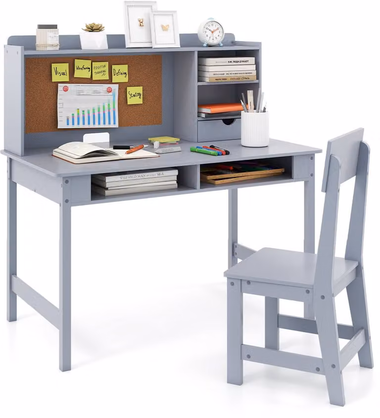 Costway Kinderbureau Set met Stoel en Prikbord, Houten Jeugdbureau met Lade en Planken, Grijs