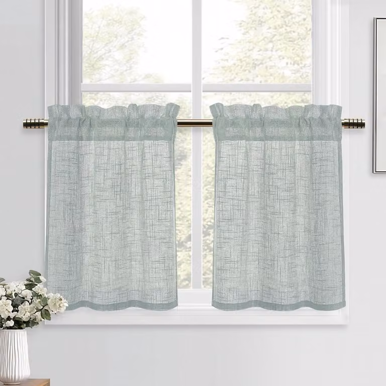 Moderne Grijze Groene Gordijnen van Linnenlook voor Keuken en Woonkamer - Korte Semi-Transparante Gordijnen H 60 x B 60 cm