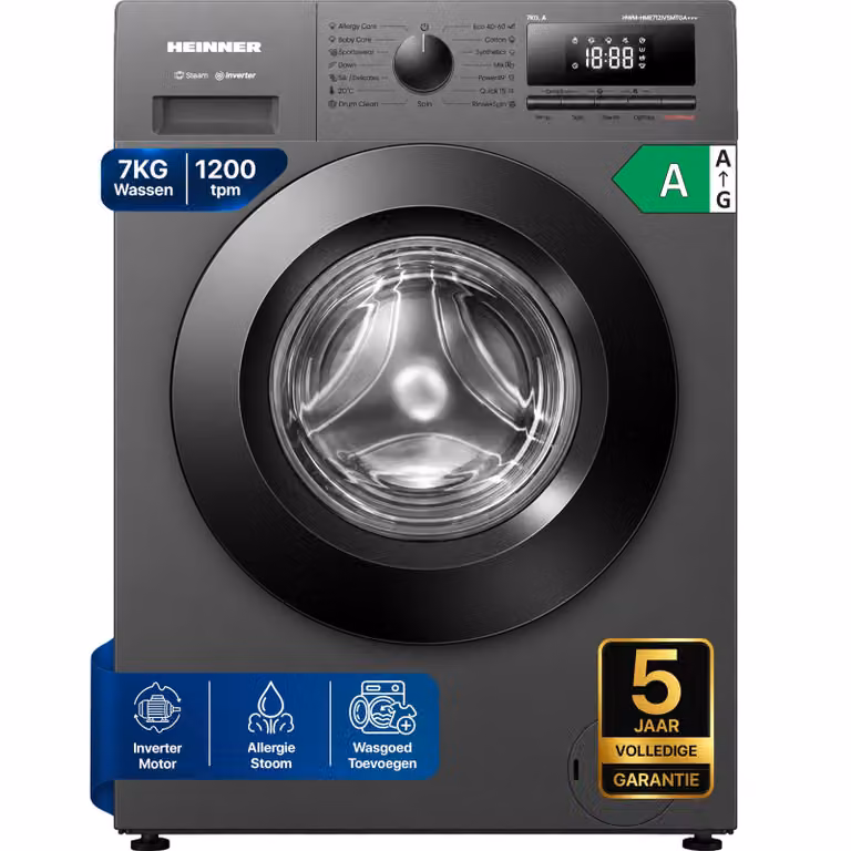 Heinner HWM-HME712IVSMTGA Wasmachine 7 kg, 1200 rpm, Inverter, Stoomfunctie, Titaniumgrijs