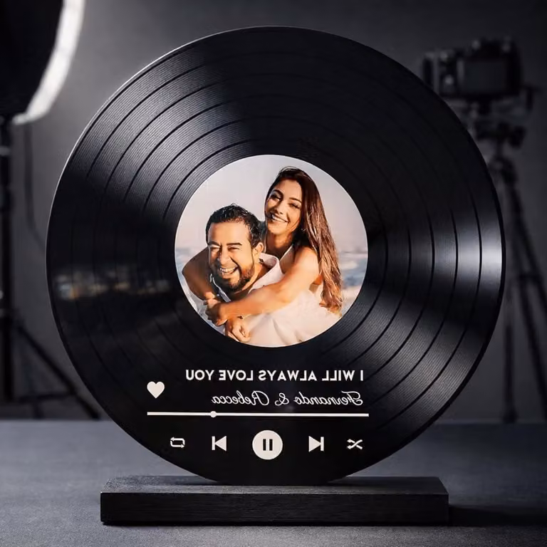 Gepersonaliseerde Muziekplaat van Acrylglas met Eigen Foto en Tekst - Transparant - Ø 20 cm
