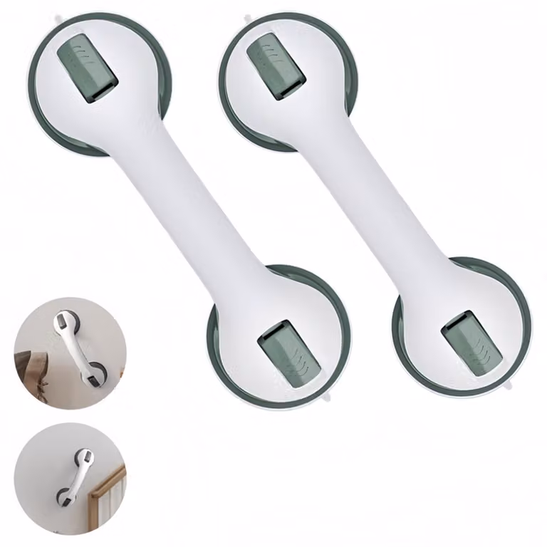 Set van 2 witte veiligheidsgrepen met zuignappen voor senioren, bamboe en plastic, 29 x 9,5 cm