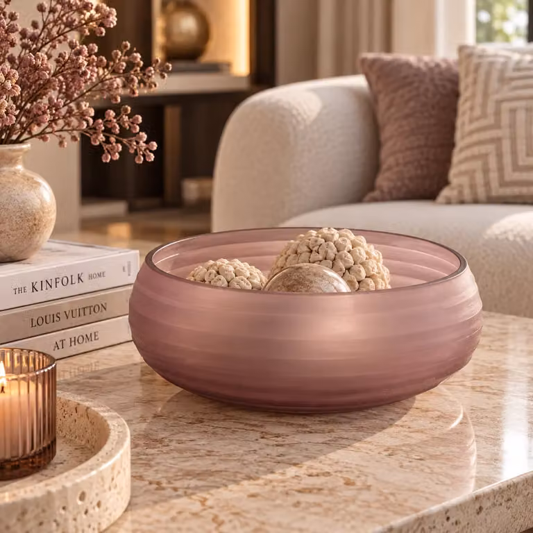 Nadah Schaal met geribbeld mat glas in roze, Diameter: 30 cm