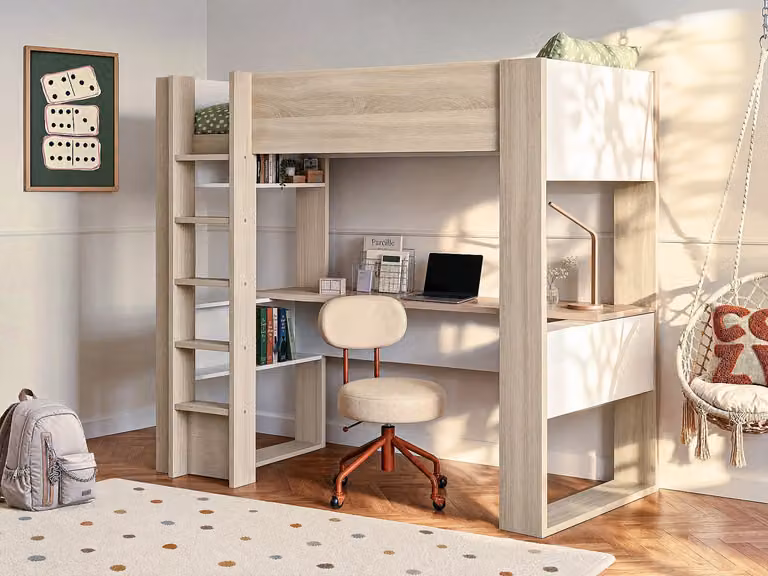 Vente-unique Hoogslaper voor kinderen met bureau en opbergruimte, Eiken en Wit, B/D/H: 200 x 90 x 183 cm